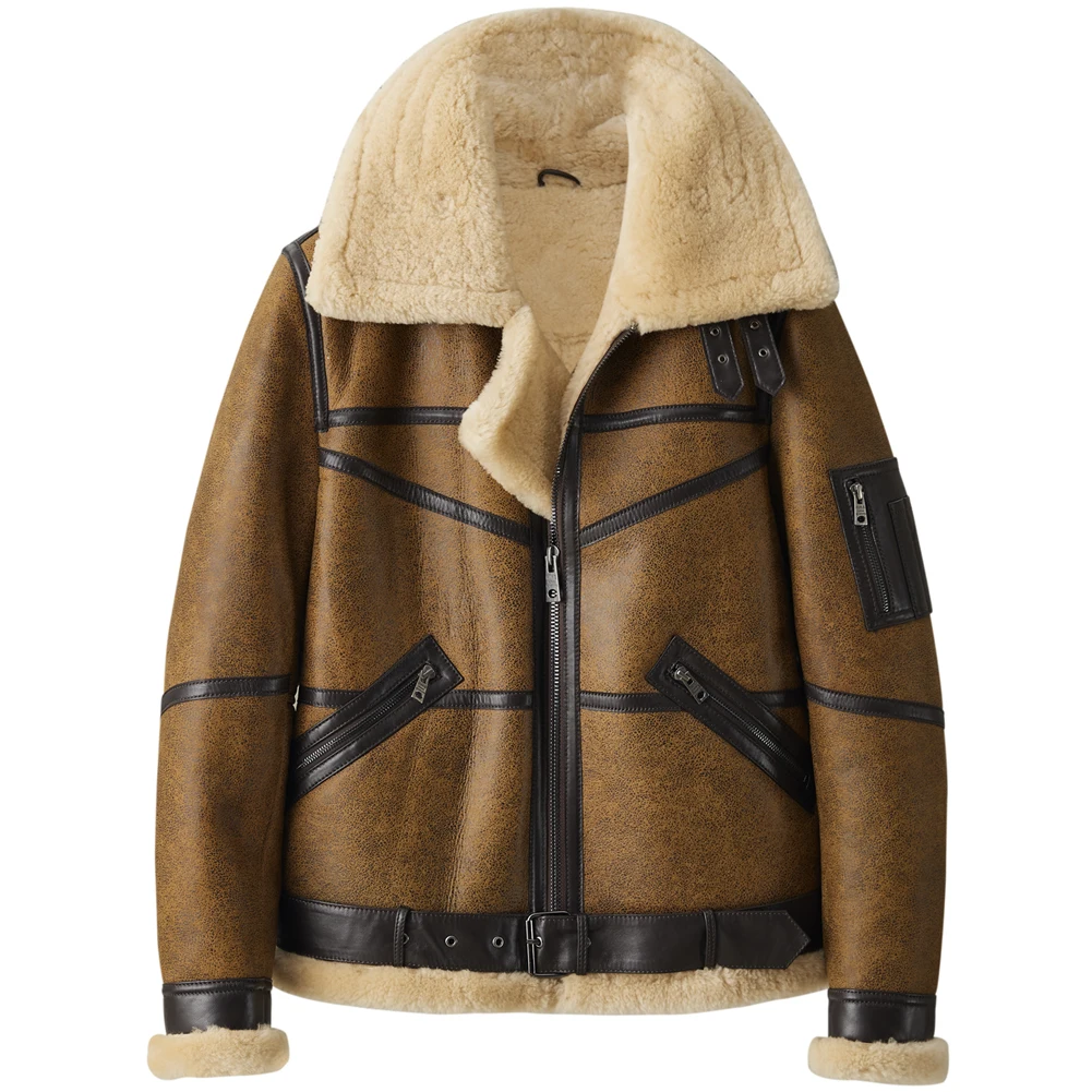 Denny&Dora Men's Vintage Brown Shearling Bomber Jacket Genuine Leather Fur Lined B3 Style Men's Outerwear