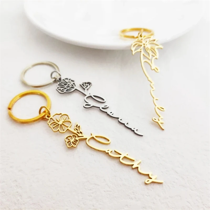 Custom key chain key ring jewelry Name Birth Flower Keychain Stainless Steel Personalized Name Keychain For Women Jewelry Gifts