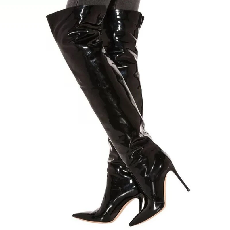 

Shiny Matte Patent Leather Women Boots Crotch Boots Thigh High Sexy Long Boots Pointed Toe Thin Heel High Shoes