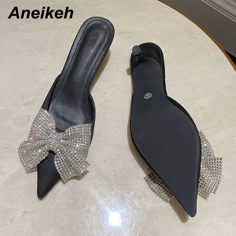 Aneikeh Sexy pointed Toe Mid Heel Spring Women Mules Fashion Butterfly-Knoe Decoration Slip-On Slippers Sandalias Mujer 2024 New