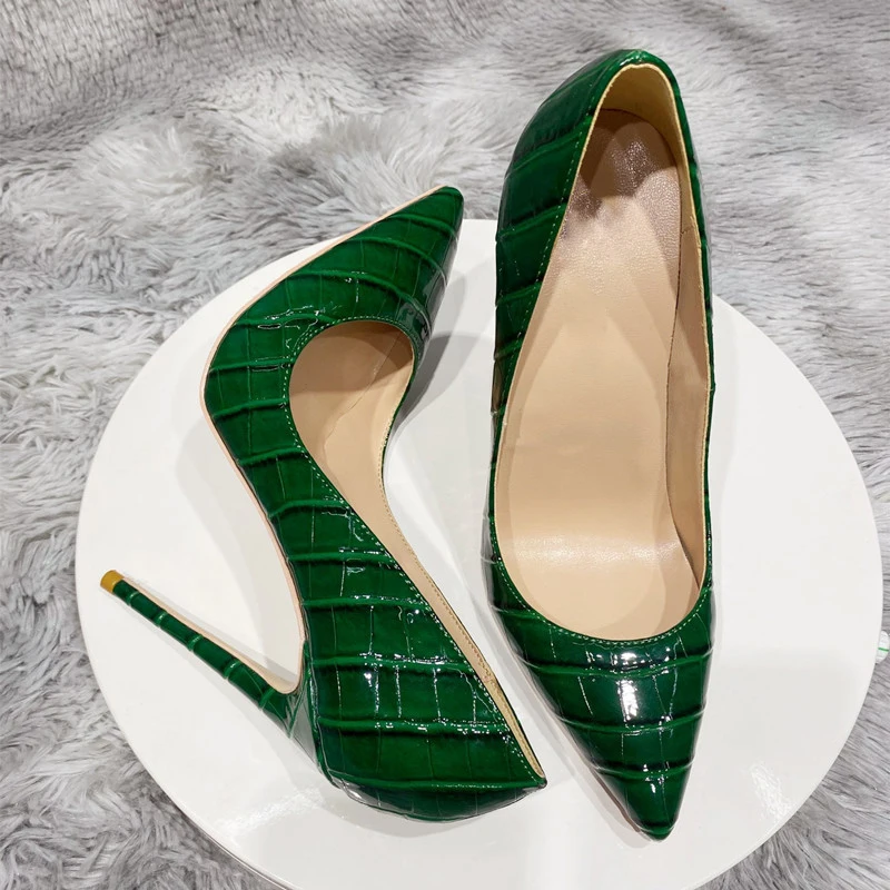 Tikicup Green Crocodile Effect Women Pointy Toe High Heels 8cm 10cm 12cm Customize Ladies Sexy Stiletto Pumps Club Party Shoes