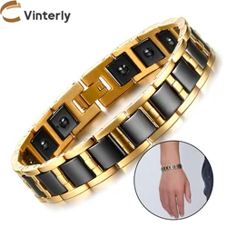 Vinterly Healing Energy Magnetic Hematite Bracelet Male Gold Color Stainless Steel Hand Chain Link Black Ceramic Bracelets Men