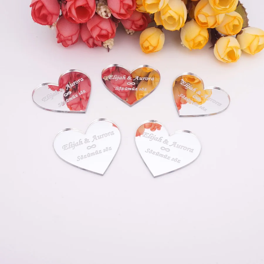 4cm,6cm Heart Shape Wedding Guest Gift Decoration Acrylic Mirror Tag Custom Groom And Bride Name Couple Souvenir