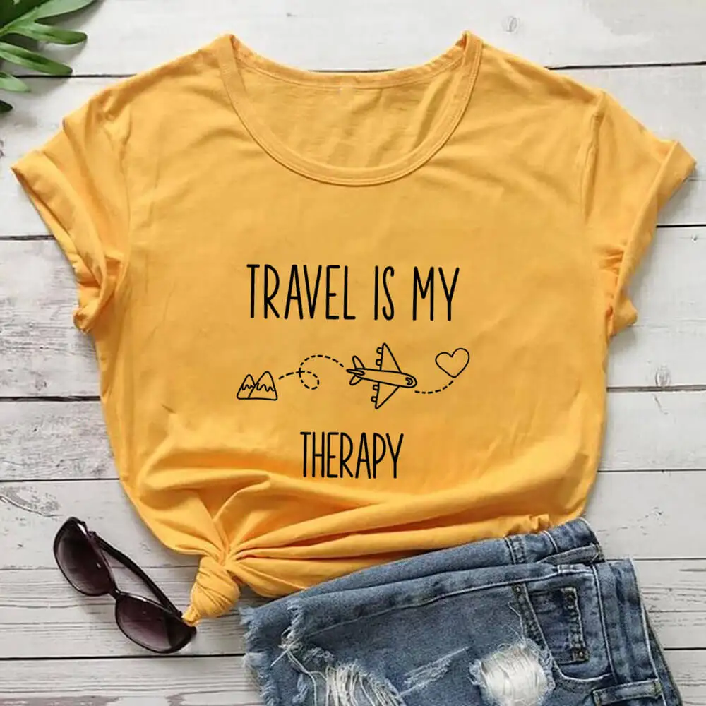 

Travel Is My Therapy 100%Cotton Printed Women's T Shirt Funny Summer Casual Adventure Outdoor Tshirt Airplane Mode Vacation Tees