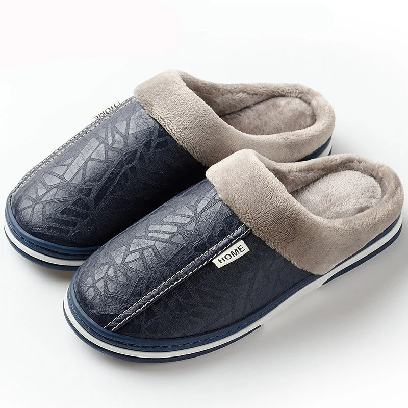 Men\'s Slippers Indoor Leather Winter Waterproof Warm Home Fur Lady Slippers Men\'s Couples Shoes Large Size Slippers