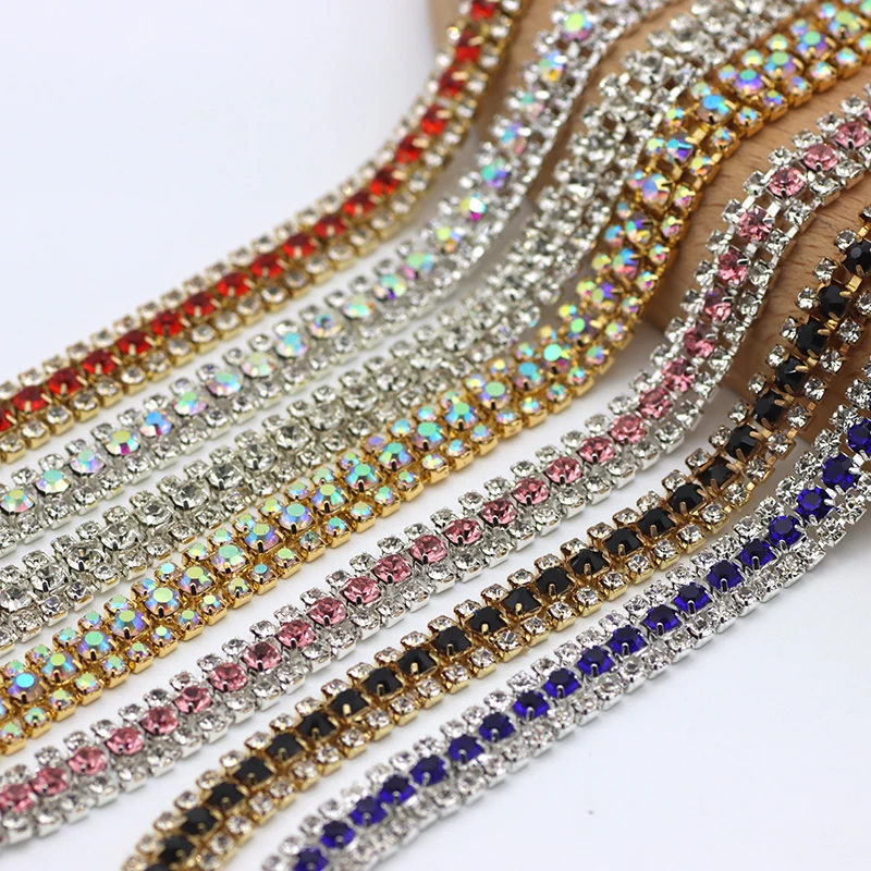 1 yard 3 Rows Crystal red AB Rhinestone Cup Chain Gold Base Sew on Rhinestone Trim for DIY Wedding Dress Bags cloth Decoration