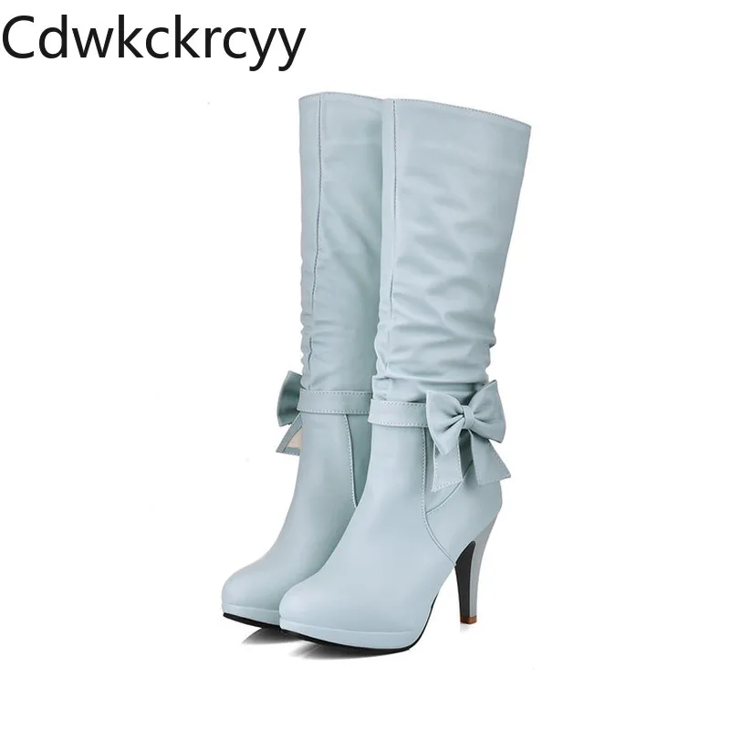 winter The New fashion Round head Thick heel 10CM Knight boots white sweet Bow Plus velvet Keep warm High heel Women boots 34-43