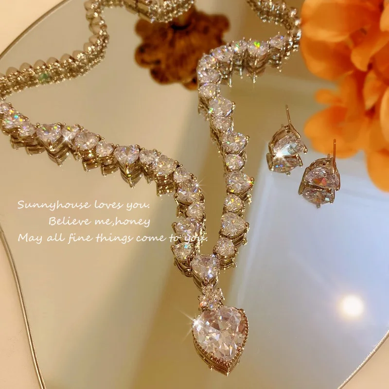 Bridal Jewelry Sets For Women S925 Sterling Cubic Zirconia Heart Necklaces Pendants Earrings for Wedding Fine Accessories