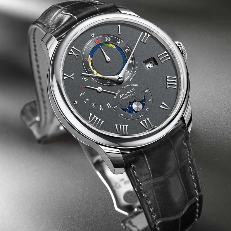ساعة بورمان الفاخرة للرجال، ساعات أوتوماتيكية للرجال، ساعة يد ميكانيكية 50 متر مقاومة للماء، حزام من الجلد الياقوت، تاريخ شهر وأسبوع