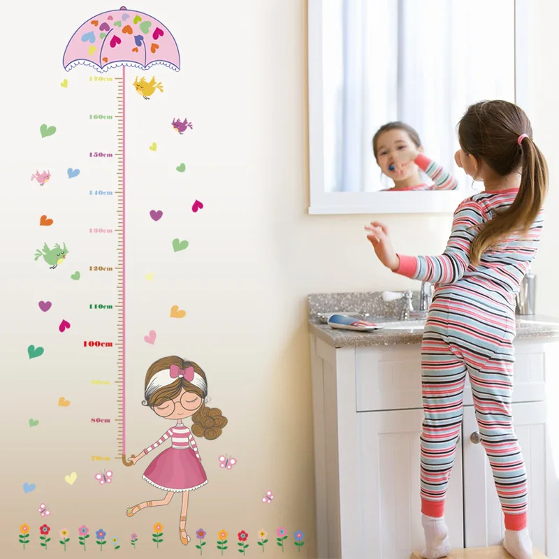 Lovely cartoon measurement height wall stickers umbrella For girls bedroom flower butterfly bird heart decor diy wallpaper decal