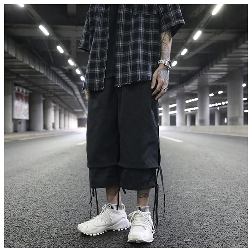 

European and American high street dark fan can tie ribbons layered stitching slits loose casual six-point wide pants