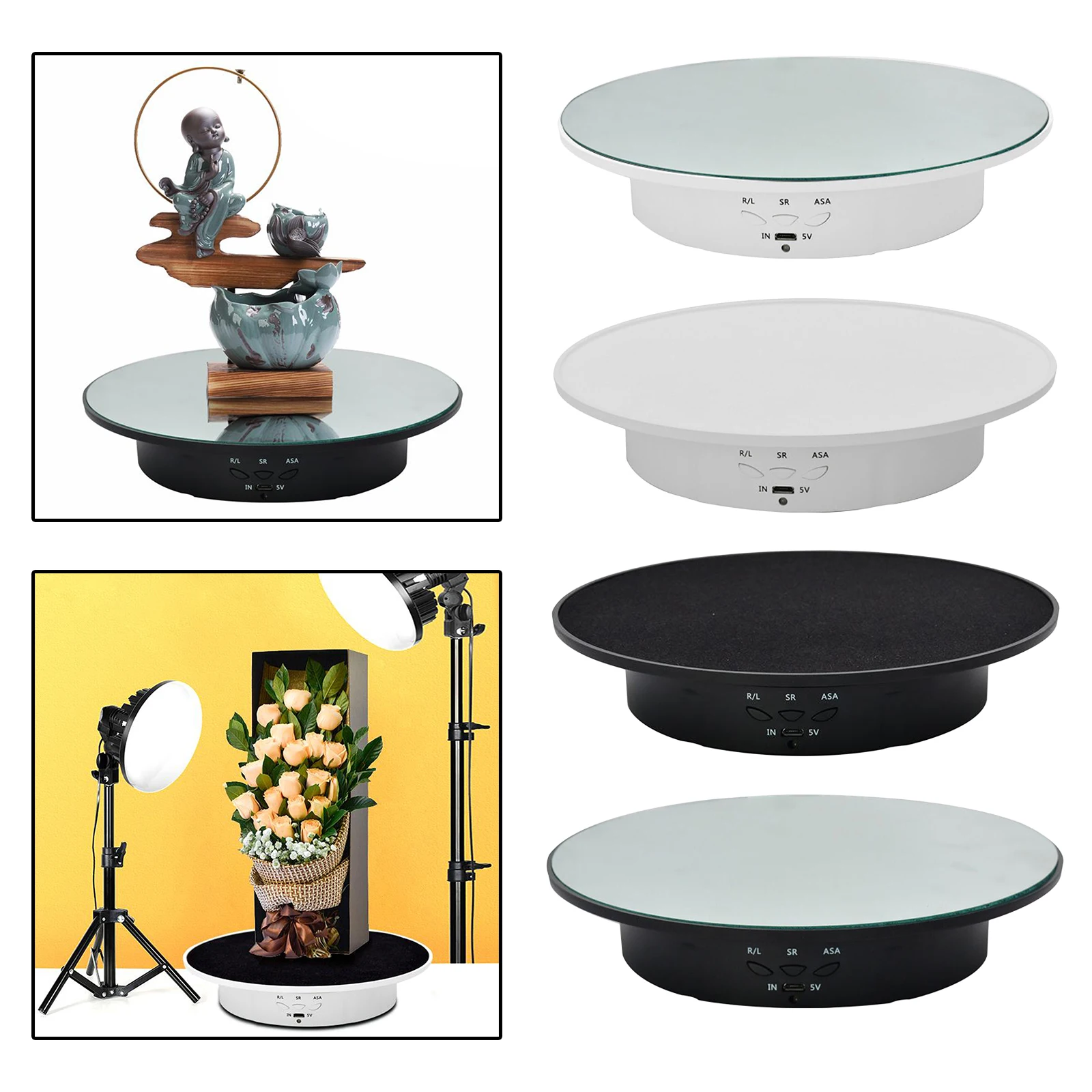 Electric 360 Degree Turntable Display Stand for Photography Jewelry Watch Shoes Collectibles Revolving Mirror/Velvet Base Holder