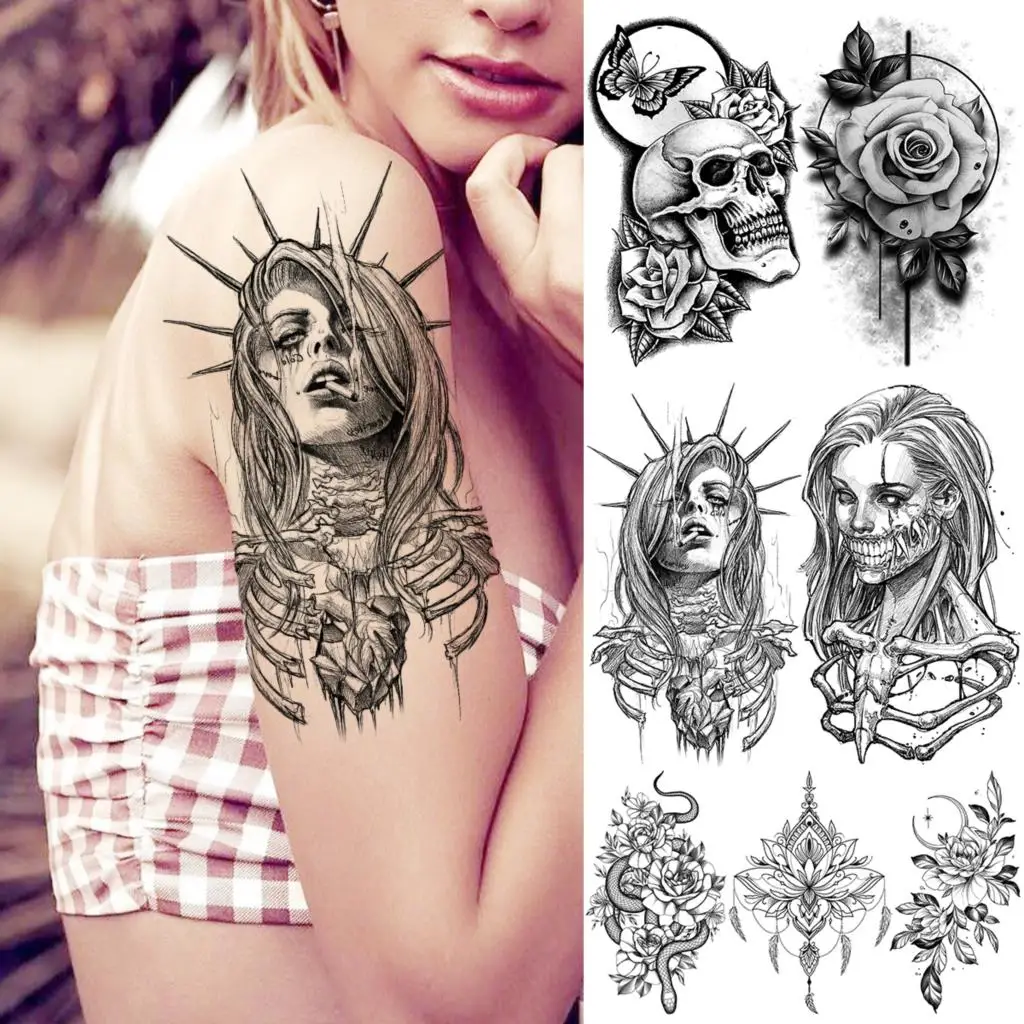 Vampire Halloween Skeleton Temporary Tattoos For Women Adults Skull Snake Flower Moon Fake Tattoo Sticker Arm Tatoos Body Thigh