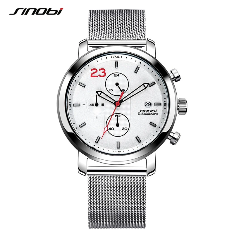 SINOBI 2020 Chronograph Fashion Men's Watches Business Stainless Steel Milanese Mesh Band Wristwatch men's Clock reloj hombre