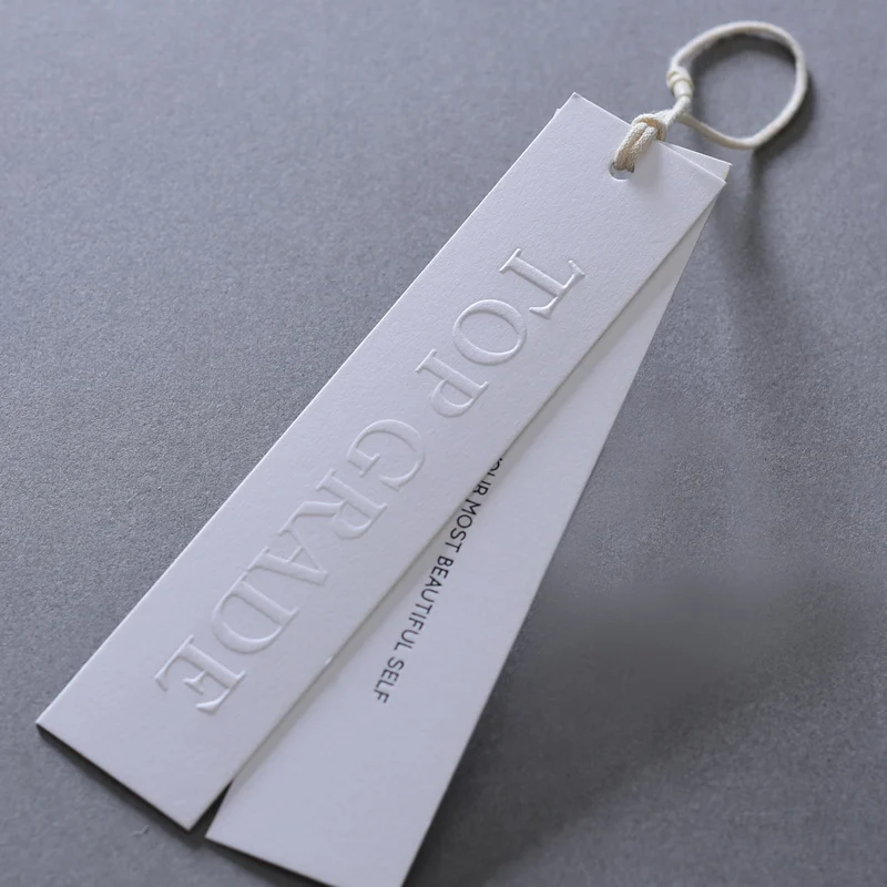 High Quality Customizing White Cardboard with Embossing Text Elegant Simplicity Design for Clothing Tag Brand Label Garment Shop