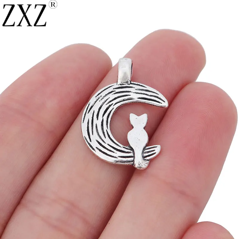 ZXZ 20pcs Tibetan Silver Tone Cat and Moon Charms Pendants Beads for Necklace Bracelet Jewelry Making Accessories 25x18mm