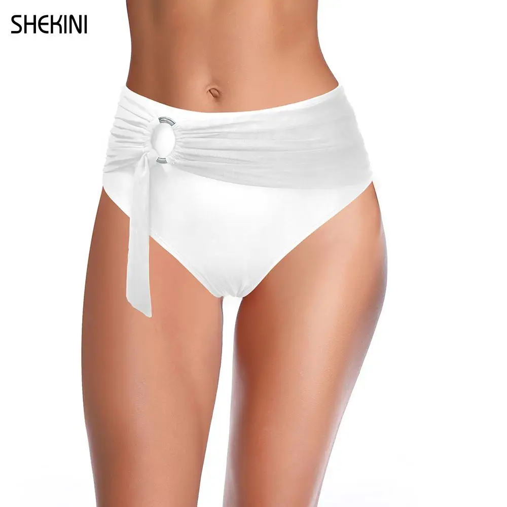 

SHEKINI Women's High Cut High Waisted Cheeky Bikini Bottom Metal Ring Mesh Swimsuit Ruched Trunks Sexy Stylish Swimwear 2022