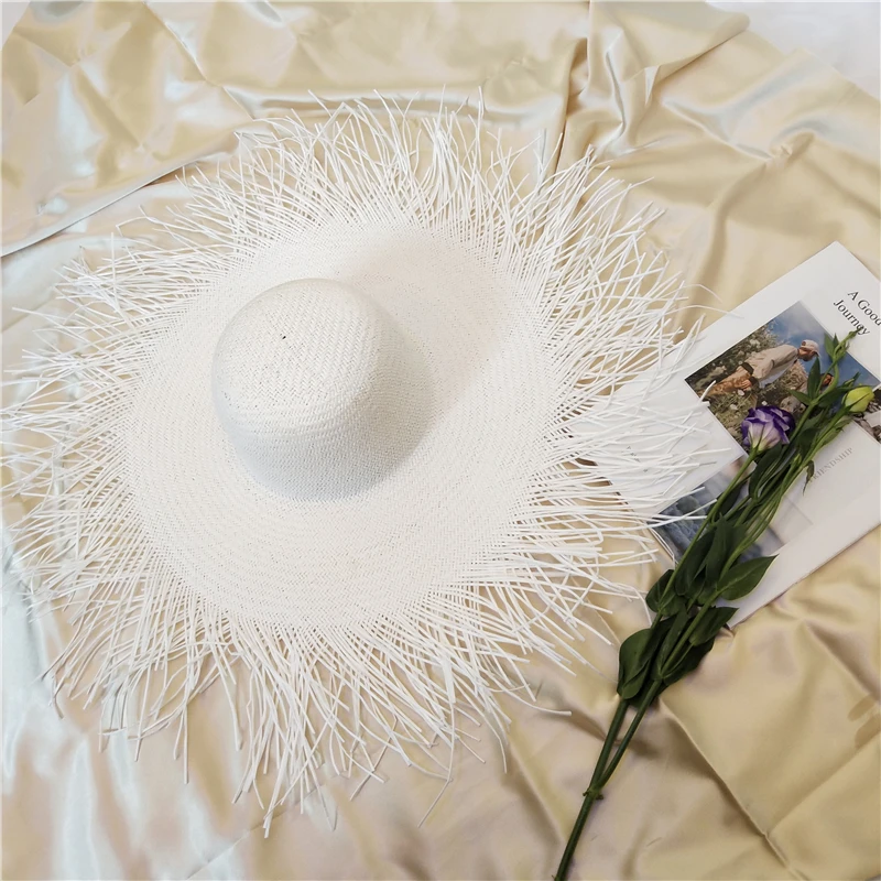 2021 High Quality Fashion Black White Large Women Straw Sun Hats Wide Brim Ladies Natural Raffia Panama Holiday Beach Sun Caps