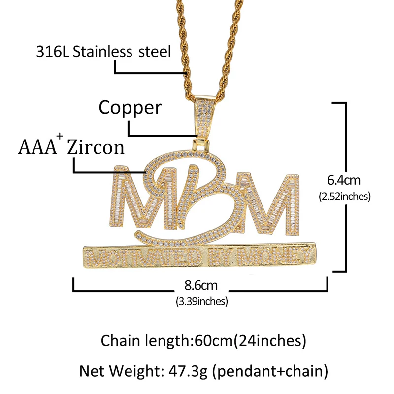 Hip Hop Prong Setting AAA CZ Stone Bling Iced Out Motivated By Money MBM Letters Pendants Necklaces for Men Rapper Jewelry