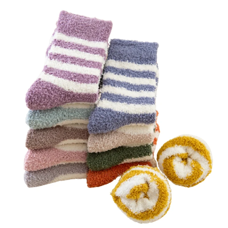 

Autumn Winter Coral Fleece Floor Month Socks Stripes Thickened Ladies Mid Tube Sleep Warm Sock Gilrs Gift Harajuku Wholesale