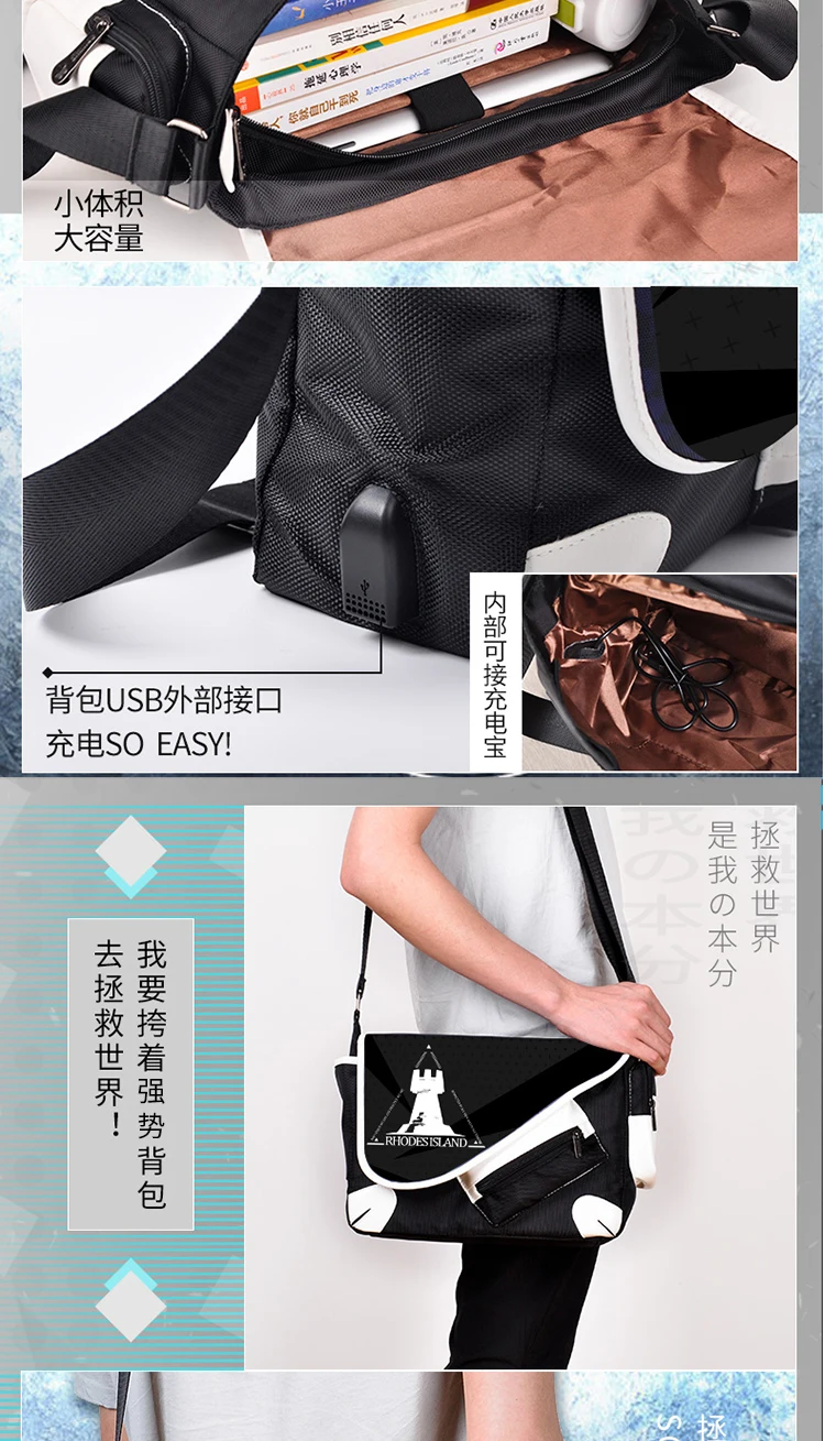 Imagem -06 - Arknights Rhodes Island Anime Canvas Shoulder Bolsa Messenger Handbag Sling Travelbag Mochila Escolar Crossbody Bolsa Preto