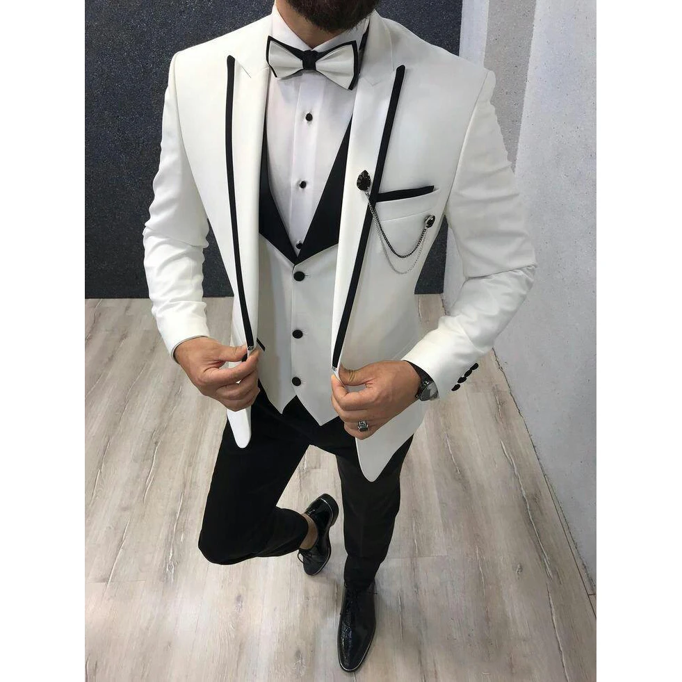 Burgundy Embossing Groom Tuxedos Black Lapel Groomsmen Wedding Dress Excellent Man Jacket Blazer (Jacket+Pants+Vest+Tie)