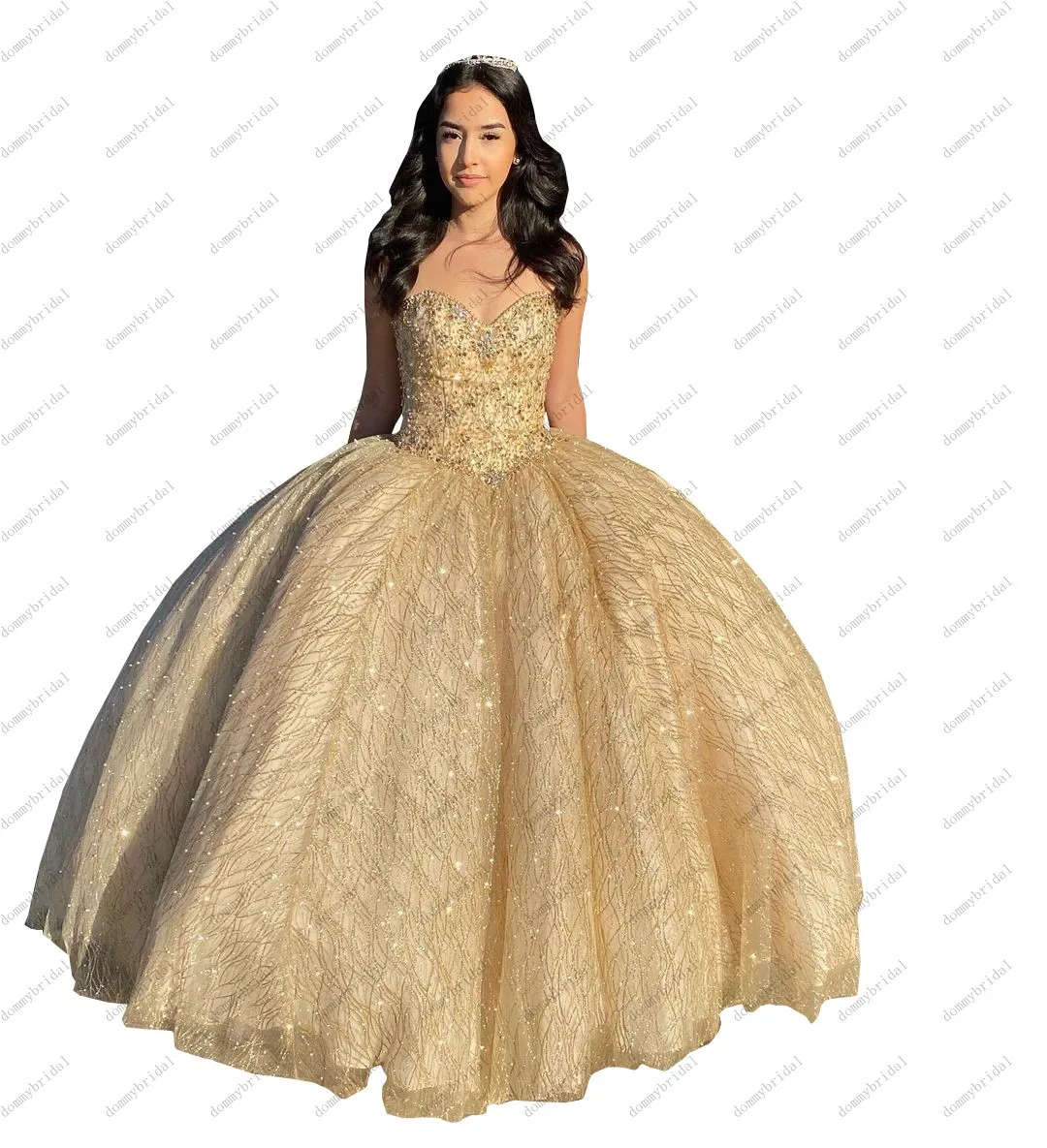 Glitz Gold Sequined Fabric Sweetheart Ball Gown Crystal Rhinestones Quinceanera Prom Formal Dress for 15 Years Girl Puffy Mexica