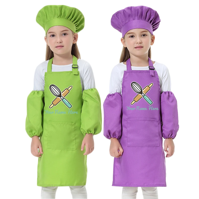 Kids Kitchen Baking Bib Pinafore Child Polyester Apron Painting Eating Clothes Smock Chef Hat Print Name NOT Free