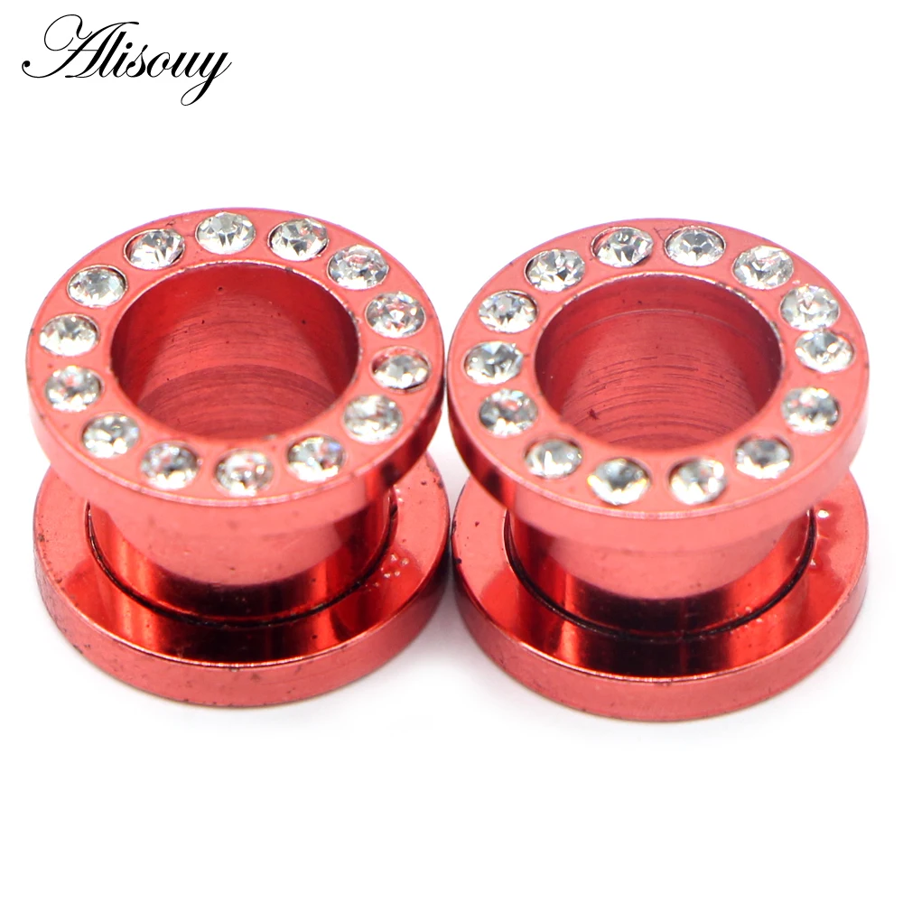 Alisouy 2pcs Steel Paved Crystal CZ Ear Piercing Tunnel Gauge Colorful Screw Fit Ear Flesh Plugs Ear Expander Piercing Jewelry