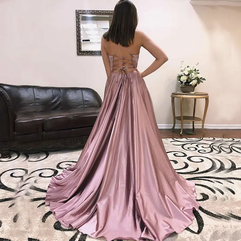 Vestido De noche De satén con escote en V profundo, prenda Formal y sencilla, con abertura alta, para fiesta De graduación