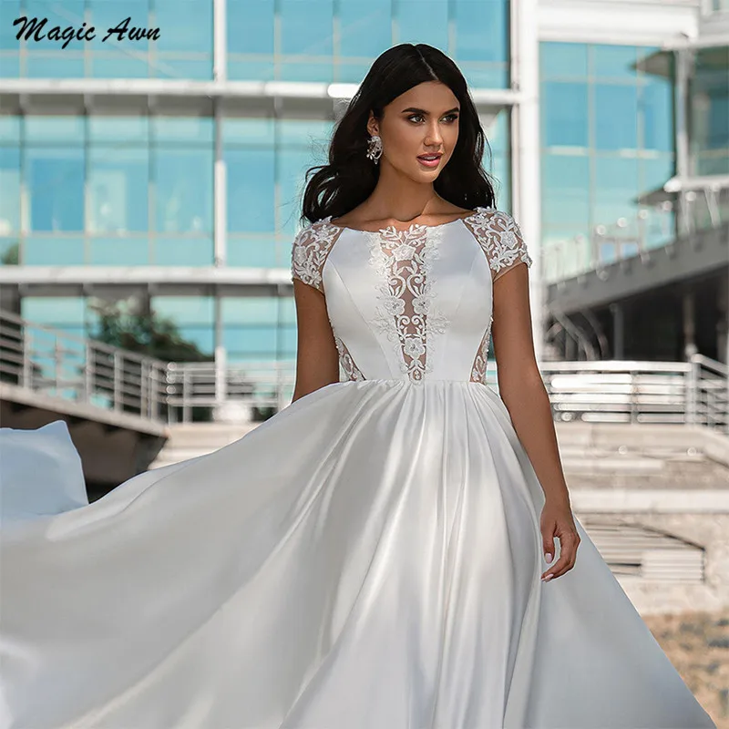 Magic Awn 2021 Prinses Trouwjurken Boho Kant Applicaties Satin Mariage Jassen Illusion A-lijn Strand Bruid Jurk Abito Da Sposa