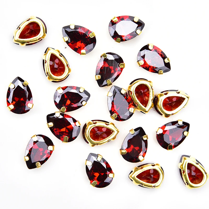 High Quality Zicron Rhinestones 7*10mm Teardrop Stone With Gold Claw Sew On Wedding Dress Decoration DIY Accessories 10pcs/lot