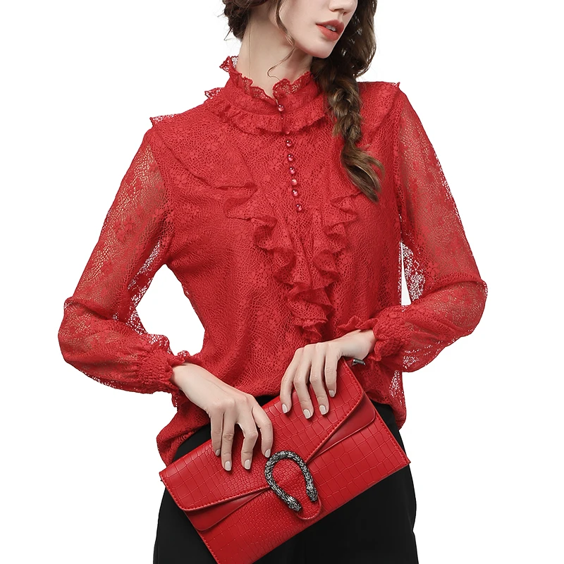 Temperament Red Lace Blouse Women Long Sleeve Fashion All-Match Hollow Out Beaded Ruffles Tops 2021 Spring Ladies Office Blouses