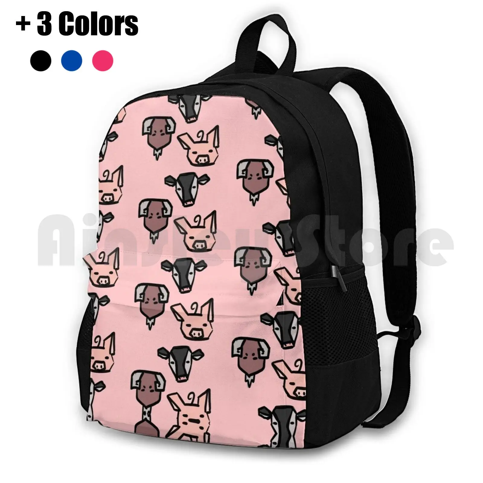 Simplistic Farm Animals Outdoor Hiking Backpack Waterproof Camping Travel Farm Animal Pig Cow Ram Cute Line Art