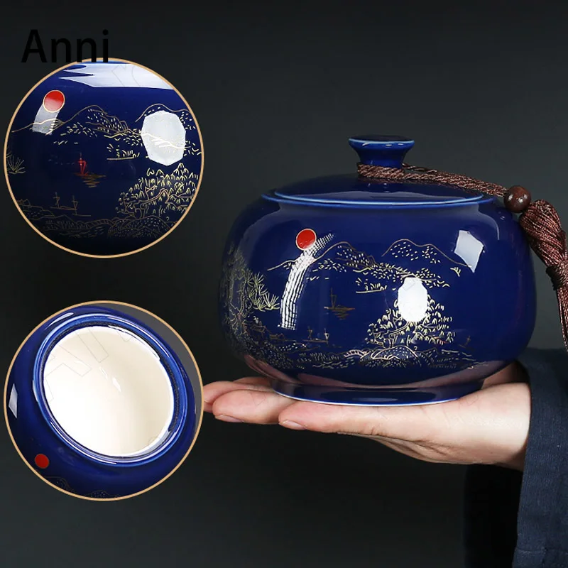 

Painted Relief Ceramic Tea Storage Chinese Vintage Flow of Gold Decorative Sealed Tea Leaves Organizer Coffee Table Decoration