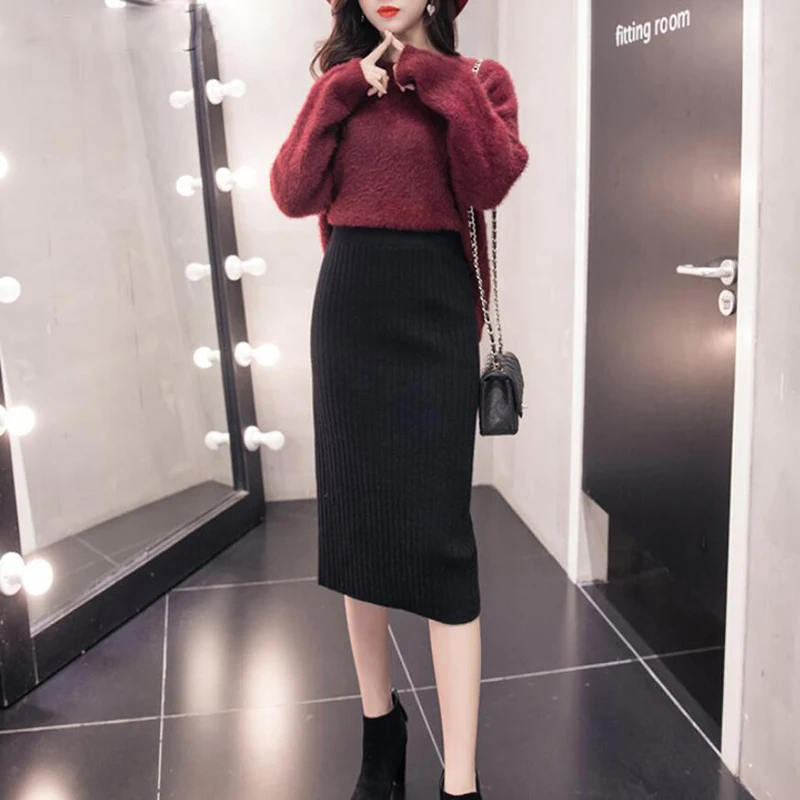 2022 Women\'s Spring Pencil Knitted Skirt High Waist Warm Elegant Knitting Ribbed Party Skirt Black Solid Ladies Office Skirts