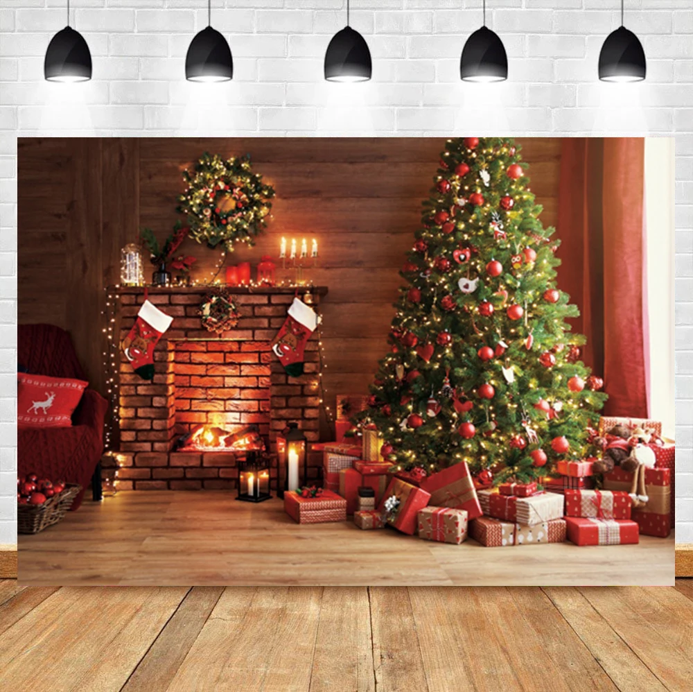 Laeacco Christmas Photophone Wooden Board Light Tree Gifts Candles Snow Photography Backdrops Baby Portrait Photo Backgrounds