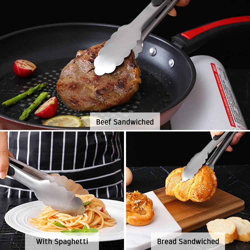 9/12/16 Inch Long Bbq Tongs Non-Slip Handle Stainless Steel Fried Barbecue Clip Salad Bread Clamp Kitchen Tools Meat Food Clip