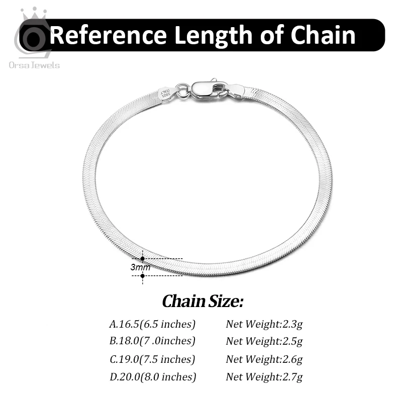 ORSA JEWELS Итальянский однотонный браслет из стерлингового серебра 925 пробы для мужчин, гибкий плоский женский браслет-цепочка в елочку, ювелирные изделия SB107