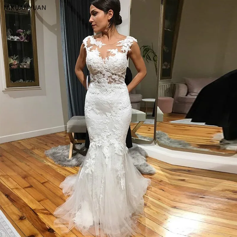 Elegante Mermaid Abiti Da Sposa Illusion Corpetto Scoop Collo Del Manicotto Della Protezione Backless Sweep Treno Figura Intera Boho Da Sposa Abito Da Sposa