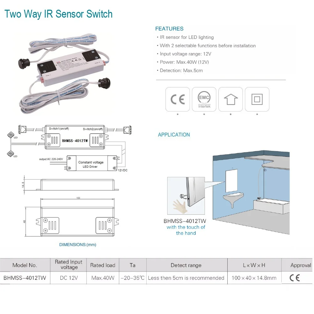 HoneyFly Patented 40W 12V IR Sensor Switch Two-lights Controller Switch Infrared Cabinet Switch DC Hand Wave For LED Lights