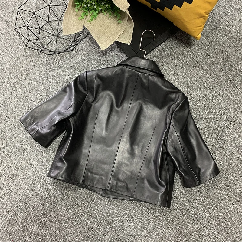 

Autumn Fashion Genuine Leather Short Coat Women Short Sleeve Double Breasted Turn-Down Collar Office Lady Sheepskin Suit Jacket