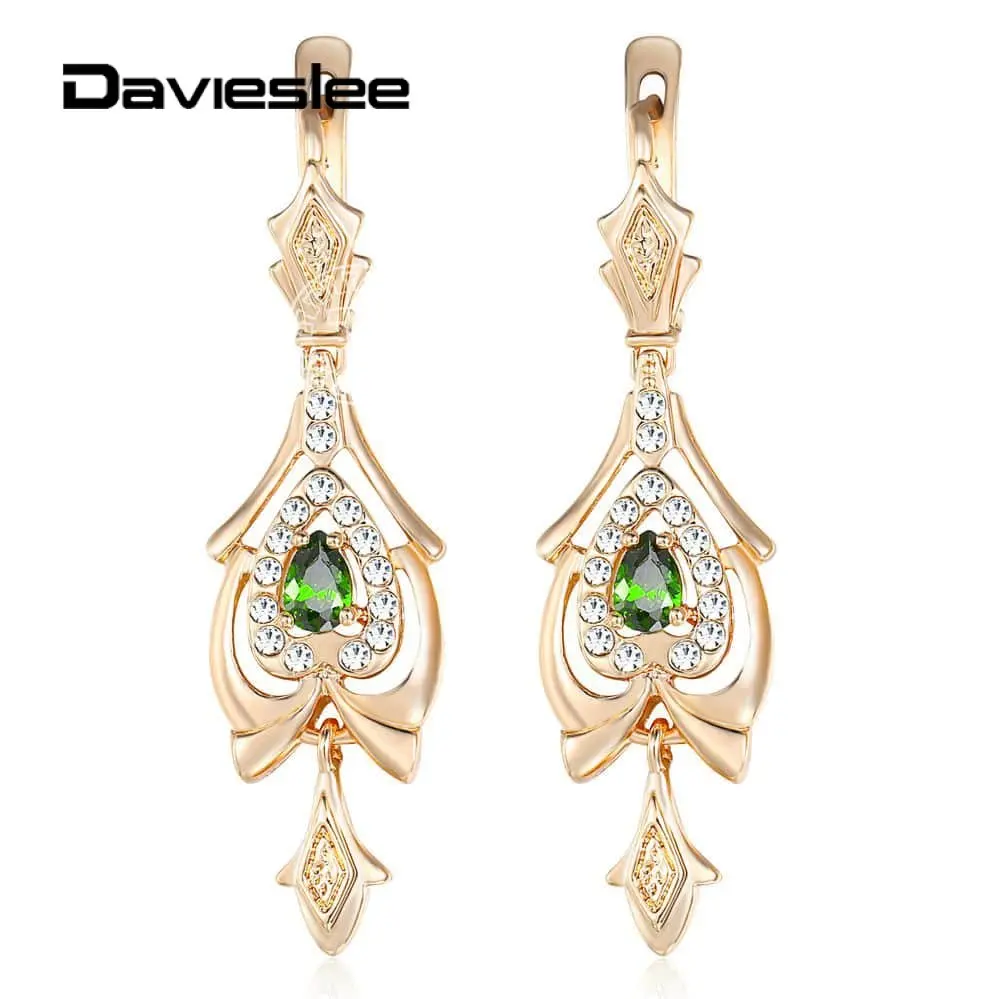 

Davieslee Chandelier Drop Earrings for Women Teardrop Olivine Green CZ 585 Rose Gold Color Paved Clear Cubic Zirconia LGE109