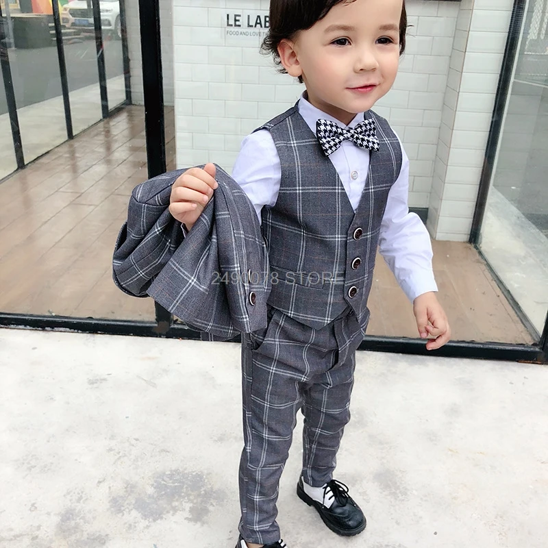 Children Formal Tuxedo Blazer Vest pants 3Pcs Set Flower Boys Wedding Suit Kids Performance Host Dance Party Dress Costume