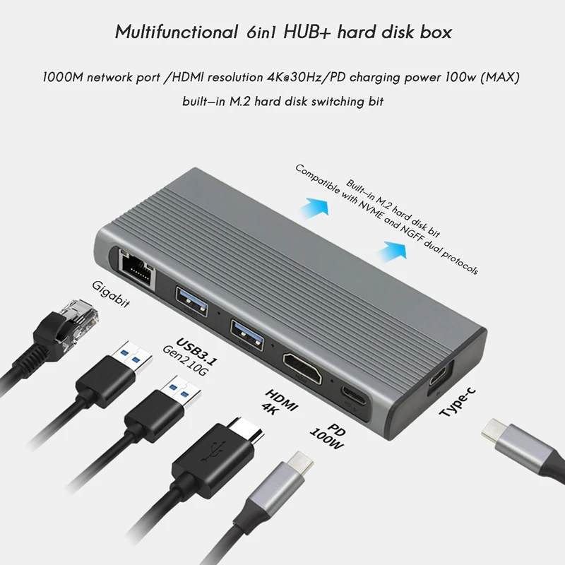 USB C Hub M.2 SSD Enclosure HDMI-Compatible+USB3.1+RJ45+PD Type-C Docking Station for M.2 NVME NGFF SSD for