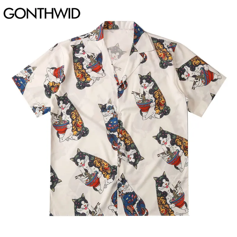 GONTHWID Hawaiian Beach Shirts Harajuku Japanese Tattoo Cat Print Shirt Streetwear Fashion Hip Hop Tropical Short Sleeve Tops