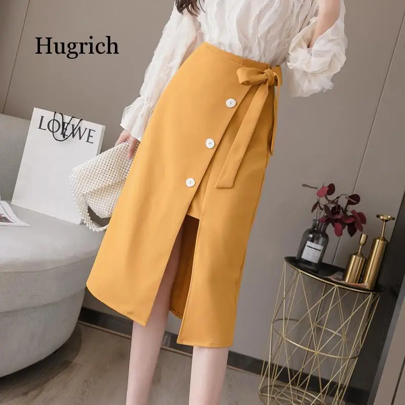 Summer Sashes Long Wrap 2021 Autumn High Waist Lace Up Midi with Slit Korean Office Lady Work Wear Skirt