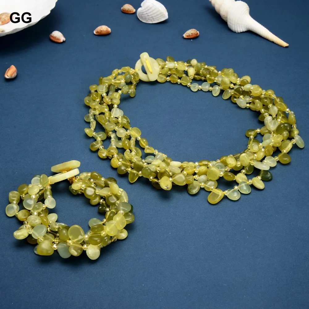 G-G 5 Strands Natural Gems Stone Green Jade Top-drilled Fancy Polished Necklace Bracelet Sets Handmade For Women