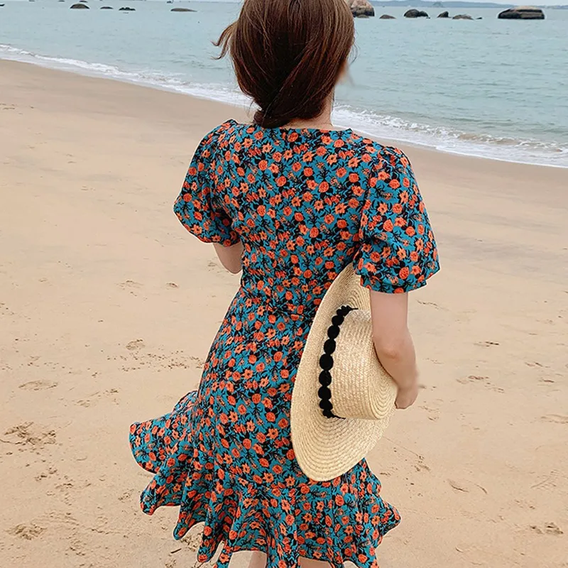 Summer New Style Casual Floral Ladies Dress Cute Puff Sleeve Leaf Swing Thin First Love Skirt Student Waist Short Skirt