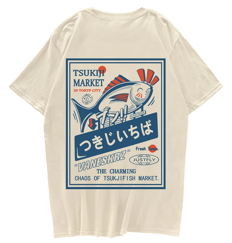 Camiseta con estampado de Harajuku pez japonés Kanji, ropa de calle de Hip Hop, camiseta informal de Mannen Katoen, camiseta de Korte Mouw, Stijl de